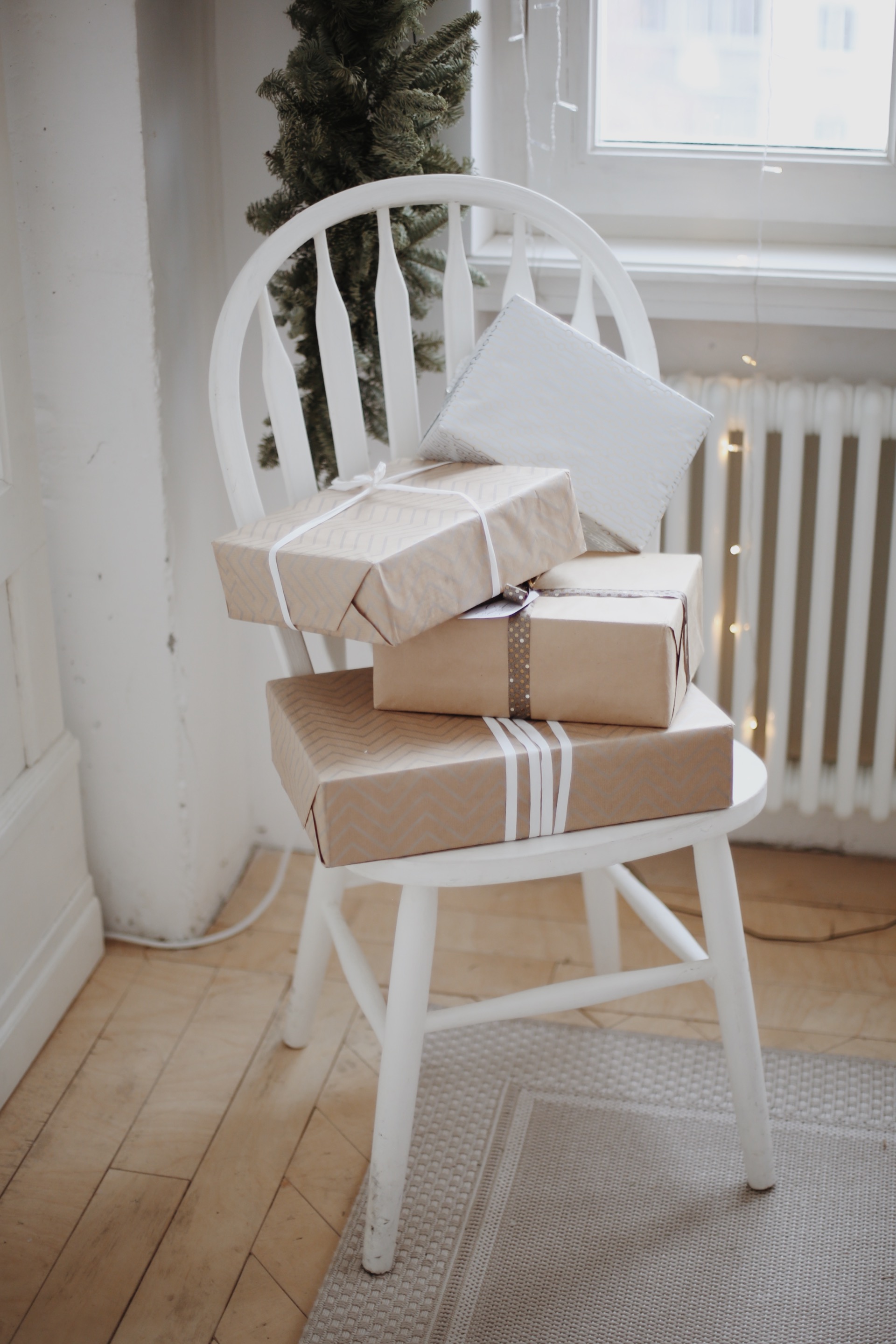 wrapped packages on chair